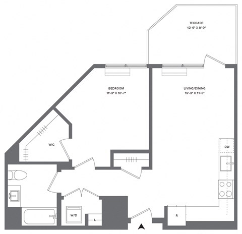 Floor plan for 1 bed, 1 bath, 664 sqft